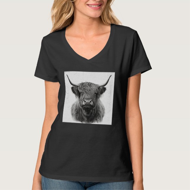 Cool Highland Cow Illustration Black Horn Women Me T-Shirt (Vorderseite)