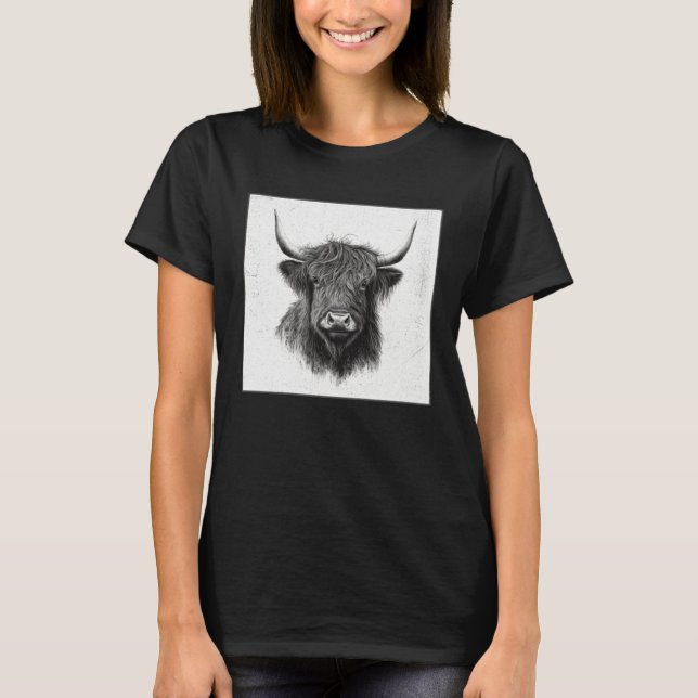Cool Highland Cow Illustration Black Horn Women Me T-Shirt (Vorderseite)