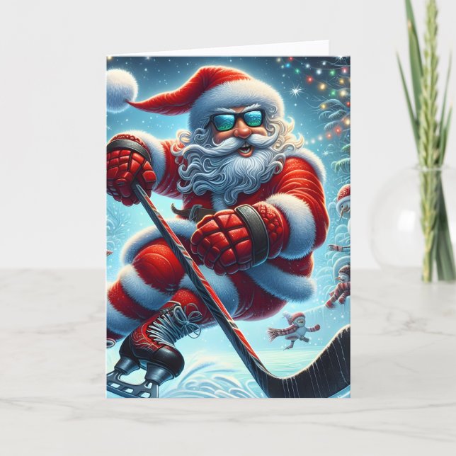 Cool Hockey Playing Santa Christmas Feiertagskarte (Vorderseite)