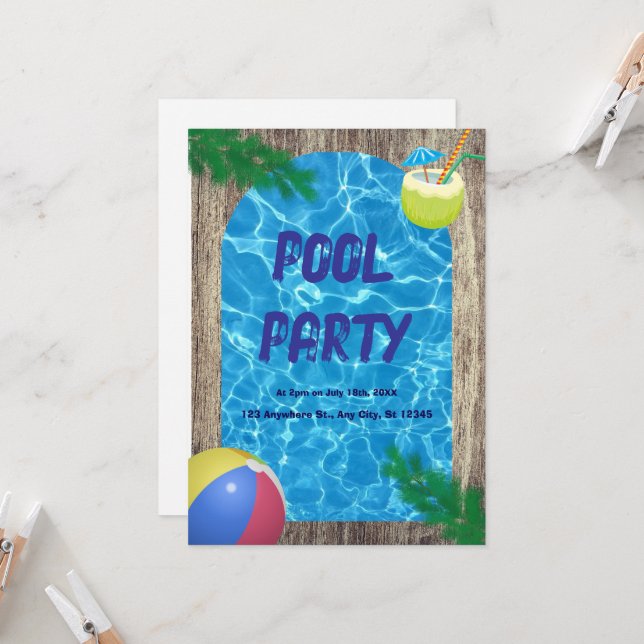 COOL! 🏖️ im Sommer - Pool Party Einladung (Vorderseite/Rückseite Beispiel)