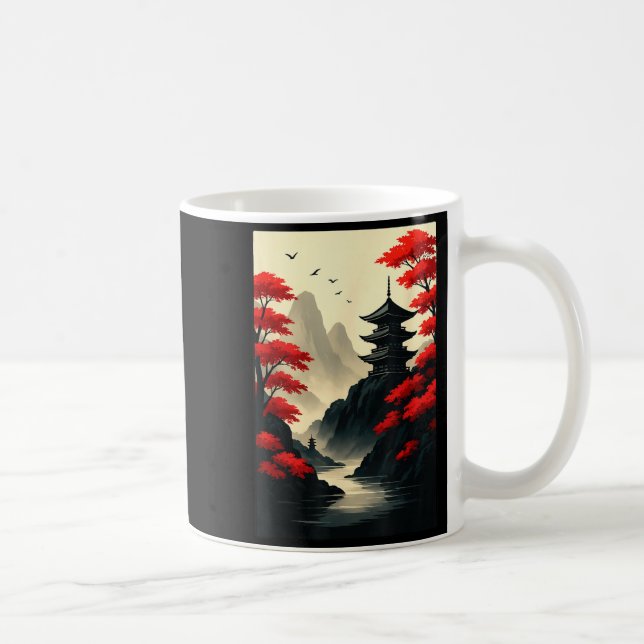 Cool Japanese Pagoda Castle Mountain Landscape Gra Kaffeetasse (Rechts)