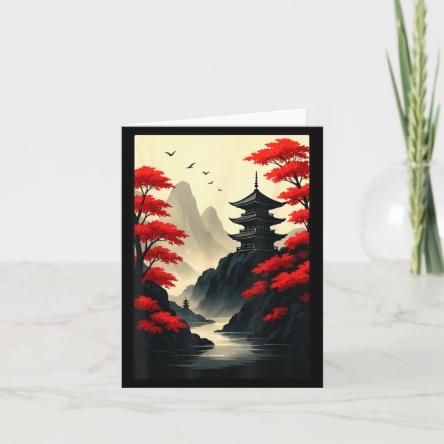 Cool Japanese Pagoda Castle Mountain Landscape Gra Karte (Vorderseite)