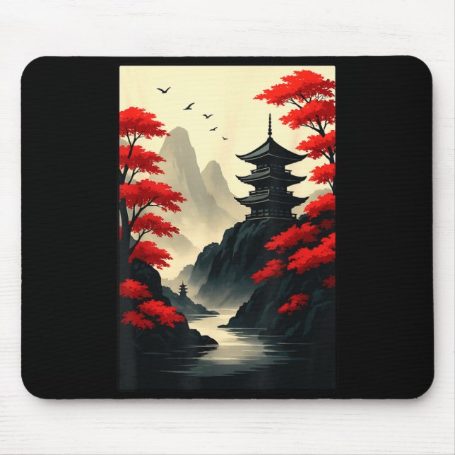 Cool Japanese Pagoda Castle Mountain Landscape Gra Mousepad (Vorne)