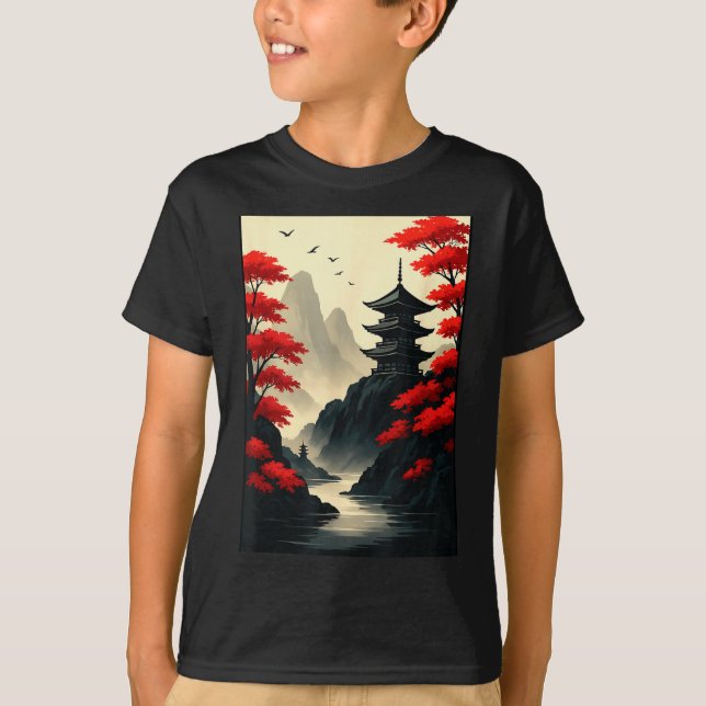 Cool Japanese Pagoda Castle Mountain Landscape Gra T-Shirt (Vorderseite)