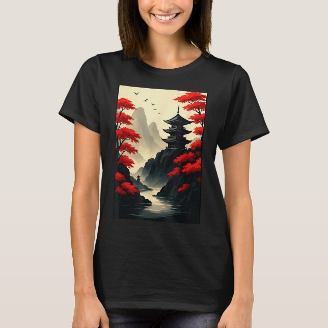 Cool Japanese Pagoda Castle Mountain Landscape Gra T-Shirt (Vorderseite)
