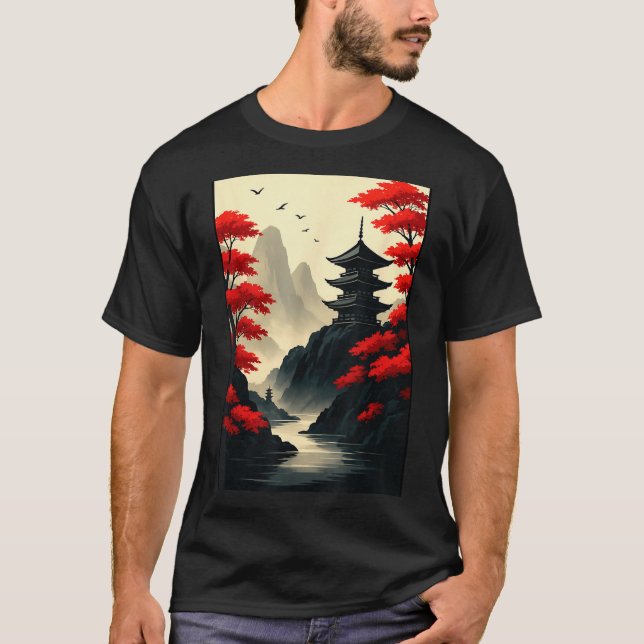 Cool Japanese Pagoda Castle Mountain Landscape Gra T-Shirt (Vorderseite)