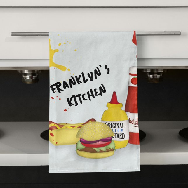 Cool Kitchenette GRILLEN Personalisiert Geschirrtuch (Cute kitchen towel with hamburger and hotdog artwork)