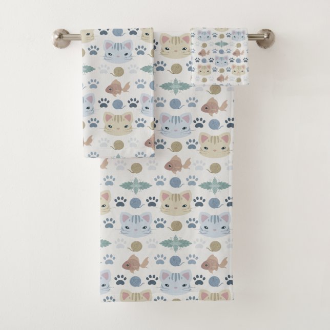 Cool, Kitty Cat in Grau und Beige Badhandtuch Set (Insitu)