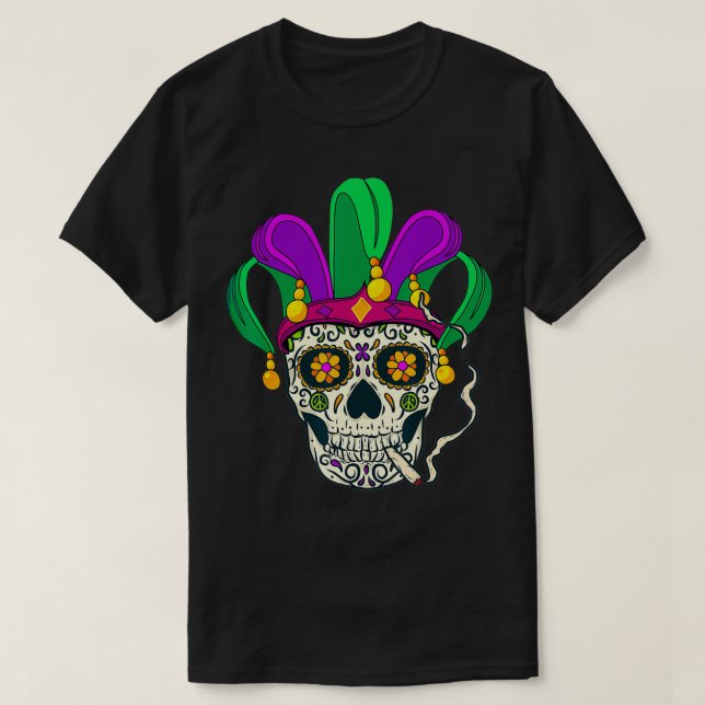 Cool Mardi Gras Candy Skull Wearing Mardi Gras Hat T-Shirt (Design vorne)