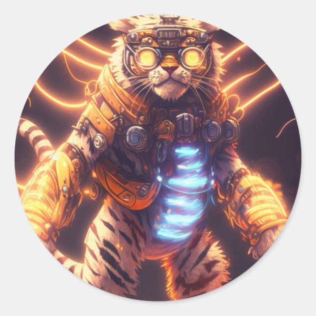 Cool Mecha Tiger mit Cyborg Steampunk Style Runder Aufkleber (Vorderseite)