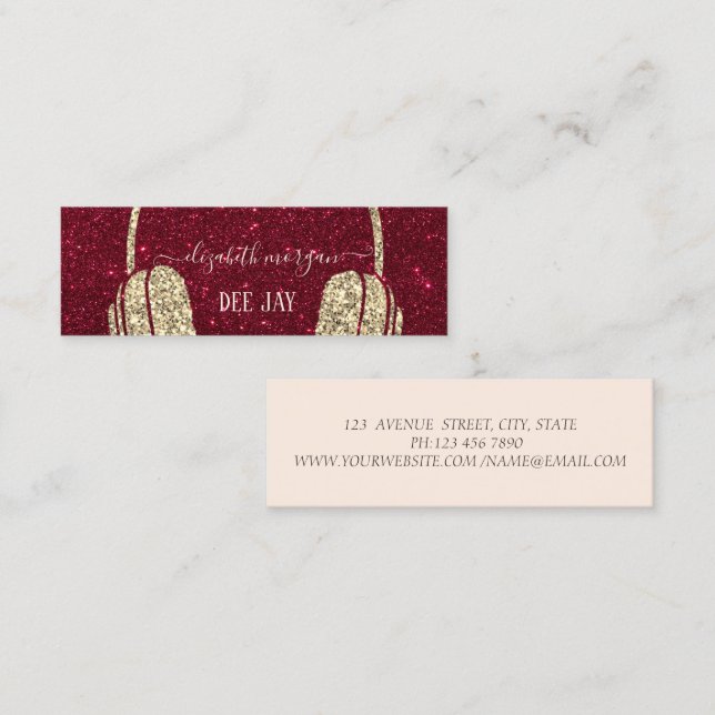 Cool Modern Gold Glitzer Headphone DJ Red Glitzer Mini Visitenkarte (Vorne/Hinten)