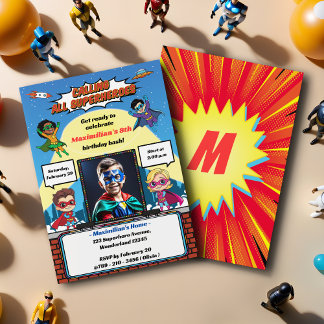 Cool Modern Superherd Cartoon Foto Geburtstagspart Einladung