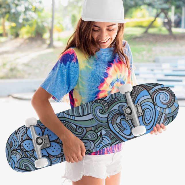 Cool Modernes Blaues Abstraktes Blumenmuster Skateboard (Von Creator hochgeladen)