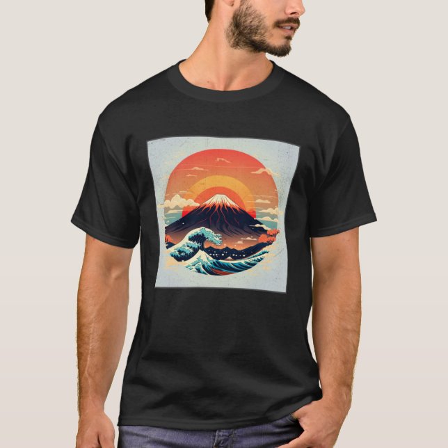 Cool Mt Fuji Big Waves Illustration Sea Sunset Wom T-Shirt (Vorderseite)