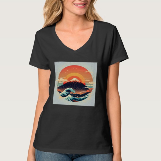 Cool Mt Fuji Big Waves Illustration Sea Sunset Wom T-Shirt (Vorderseite)