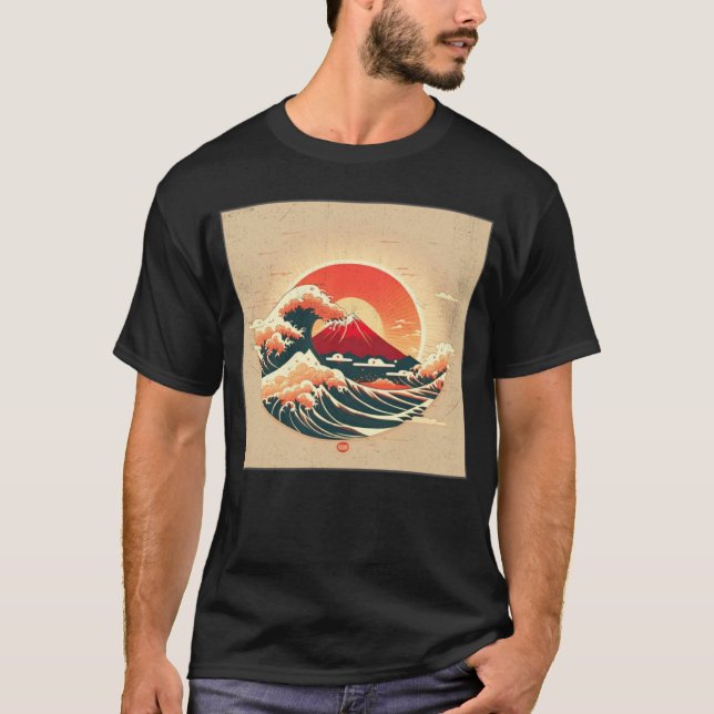 Cool Mt Fuji Big Waves Illustration Sea Sunset Wom T-Shirt (Vorderseite)