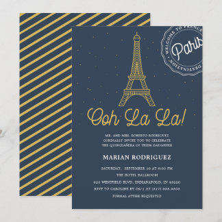 Cool Navy Blue Gold Eiffel Tower Paris Quinceañera Einladung
