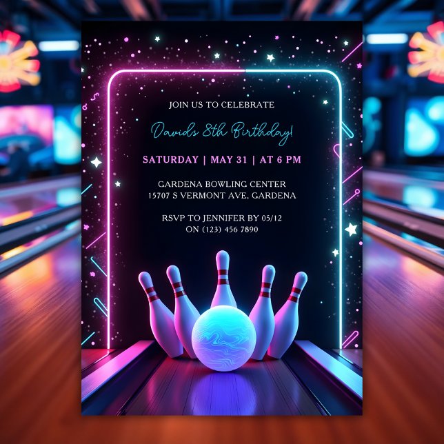 Cool Neon Glow Bowling Birthday Party Einladung (Cool Neon Glow Bowling Birthday Party Invitation)