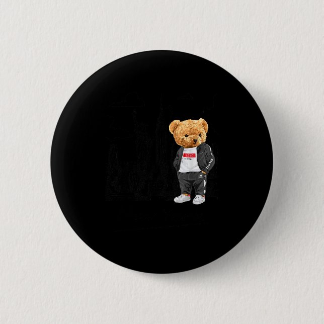 Cool New York City Teddy Bear Illustration Graphic Button (Vorderseite)