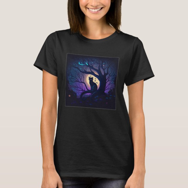 Cool Night Cat Illustration Moon Tree Unique Women T-Shirt (Vorderseite)