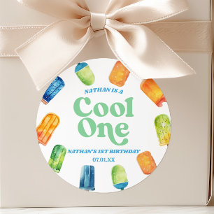 Cool One Blue Retro Popsicle 1. Geburtstagsfeier Runder Aufkleber
