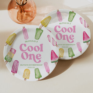 Cool One Pink Retro Eis am Stiel 1. Geburtstagsfei Pappteller