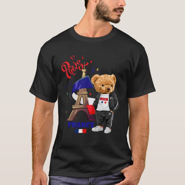 Cool Parisian Teddy Bear in Pari Eiffel Tower Outf T-Shirt (Vorderseite)