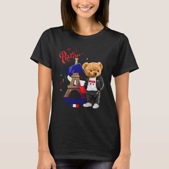 Cool Parisian Teddy Bear in Pari Eiffel Tower Outf T-Shirt (Vorderseite)