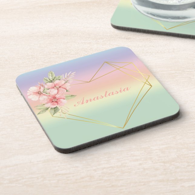 Cool, Phantastisch, Regenbogen Herz mit Ihrem Name Getränkeuntersetzer (Linke Seite)