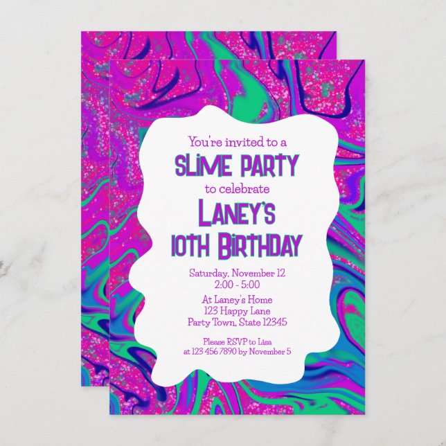 Cool Pink Aquamarin Glitzer Girls Geburtstag Slime Einladung (Vorne/Hinten)