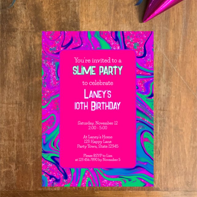 Cool Pink Aquamarin Glitzer Girls Geburtstag Slime Einladung (Hot pink cool trendy colorful slime birthday party invitation. Custom text sparkle retro fun party.)