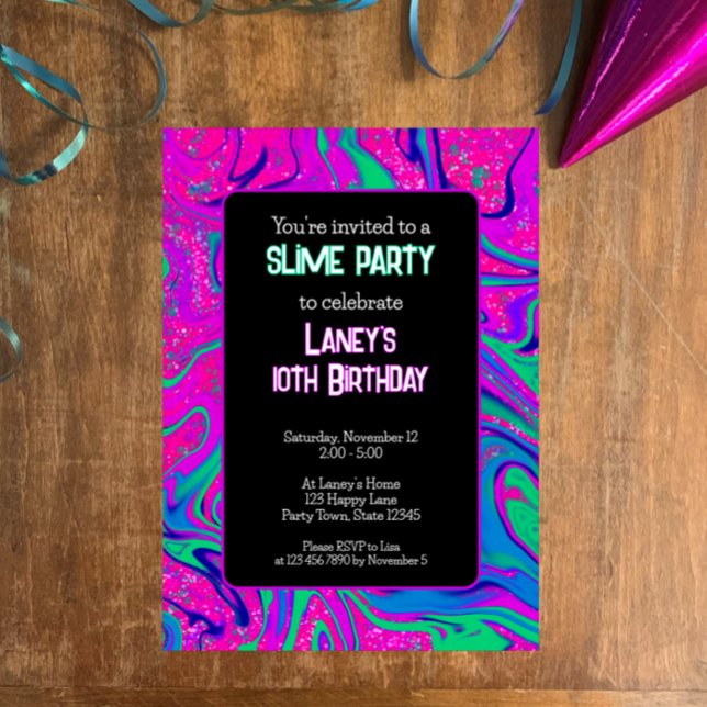 Cool Pink Aquamarin Glitzer Girls Geburtstag Slime Einladung (Custom girls slime birthday party invitation. Cool bright pink  blue swirls glitter fun script)