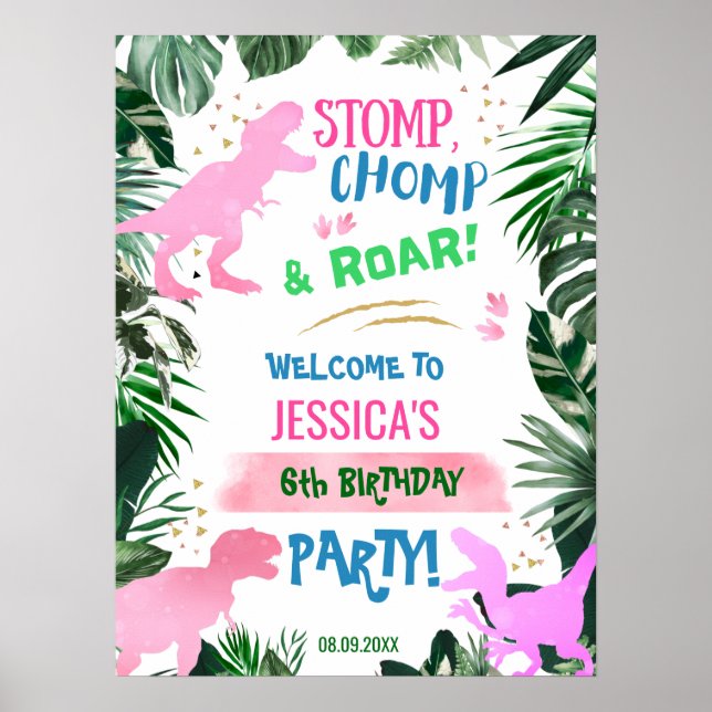 Cool pink Girl Dinosaur birthday welcome T-Rex Poster (Vorne)