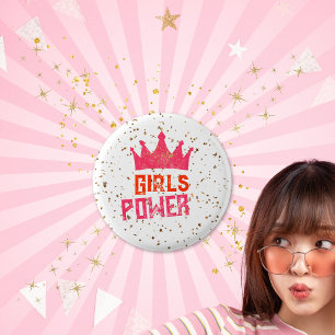 Cool Pink Glitzer Girls Power Crown Button
