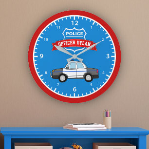 Cool Police Car Personalized Name Kids Room Große Wanduhr