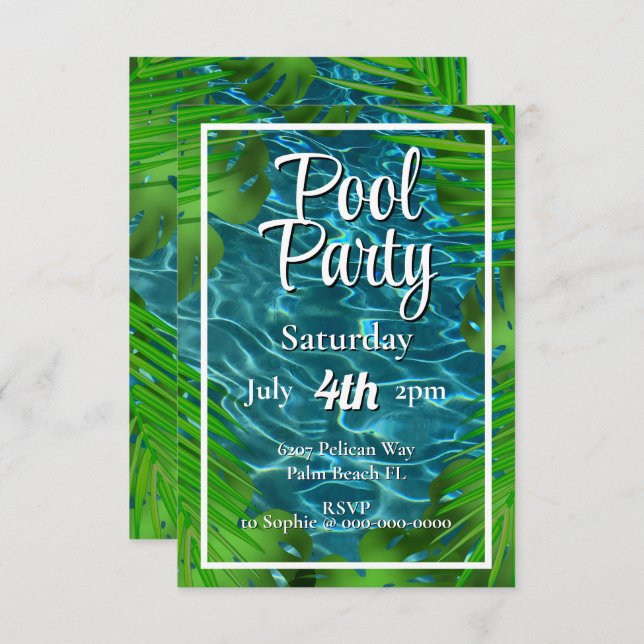 Cool Pool Party Palm Blätter Einladung (Vorne/Hinten)