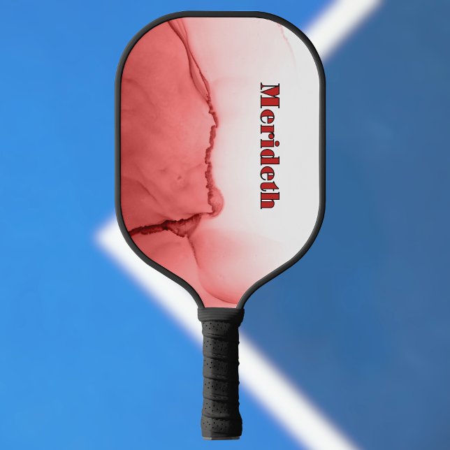 Cool Red and White Faux Alcohol Ink Pour Monogram Pickleball Schläger (Von Creator hochgeladen)