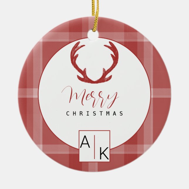 Cool Red Tartan Monogramm Keramik Ornament (Vorne)