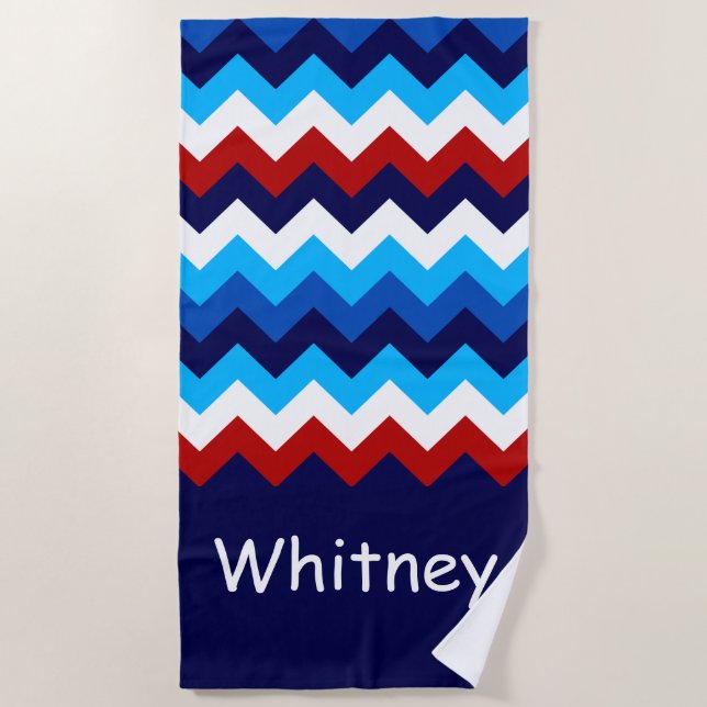 Cool Red White Chevrons Monogram Beach Handtuch (Vorderseite)