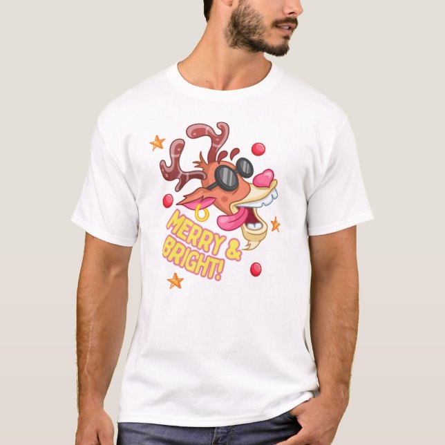 Cool Reindeer Merry Bright Holiday T-Shirt (Vorderseite)
