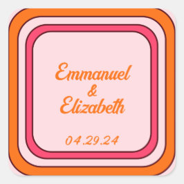 Cool Retro 70er Rosa & Orange Hochzeit Quadratischer Aufkleber