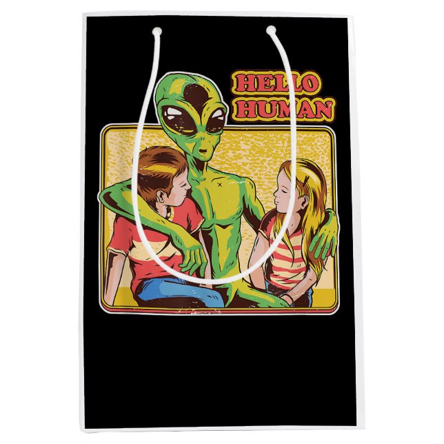 Cool Retro Alien ET Hello Humans Weltraumgalaxie Mittlere Geschenktüte (Vorderseite)
