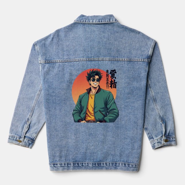 Cool Retro Anime Typ - Stilvoller 80er Ästhetische Jeansjacke (Rückseite)