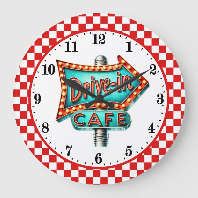 Cool Retro Diner 50er Café Große Wanduhr (Vorderseite)