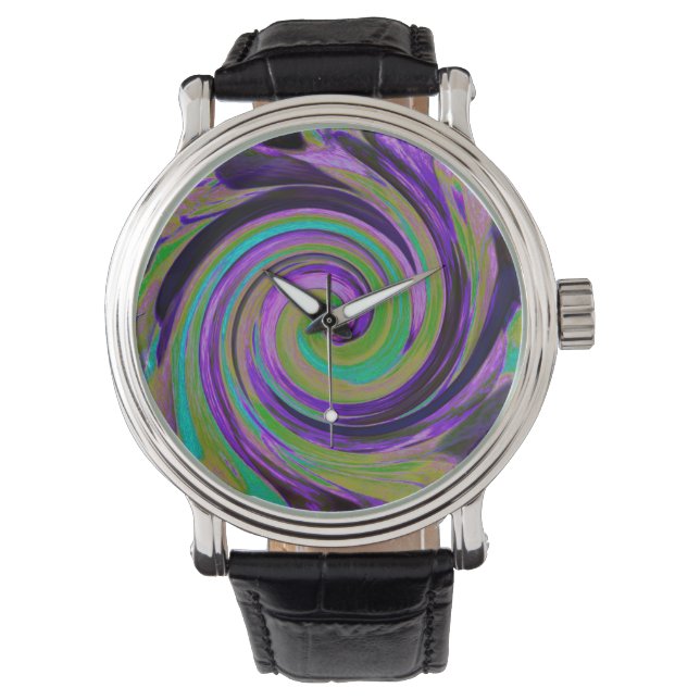 Cool Retro Lila und Chartreuse Liquid Art Swirl Armbanduhr (Vorderseite)