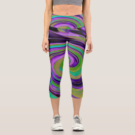 Cool Retro Lila und Chartreuse Liquid Art Swirl Capri Leggings
