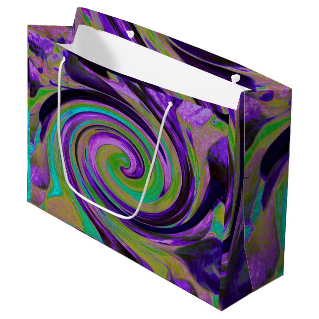 Cool Retro Lila und Chartreuse Liquid Art Swirl Große Geschenktüte (Vorderseite Schrägansicht)
