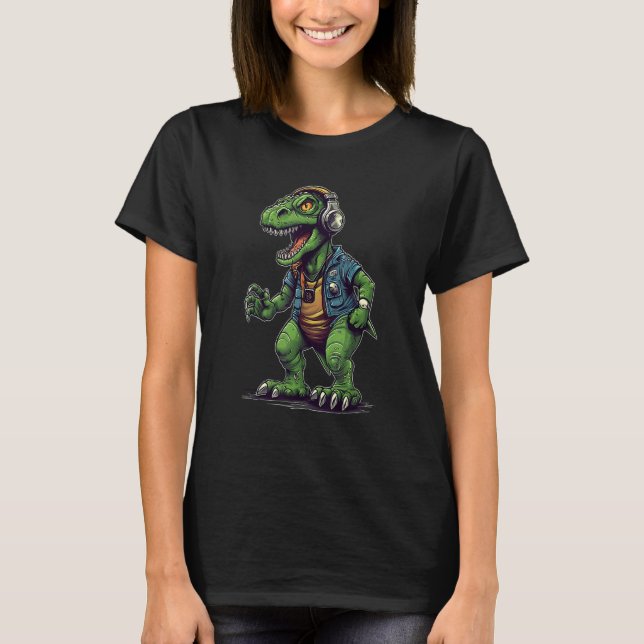 Cool Rock and Roll Dinosaur Headphones Heavy Metal T-Shirt (Vorderseite)