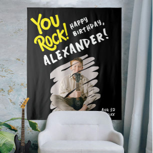 Cool Rock Happy Bday Black Yellow Brush Foto Wandteppich