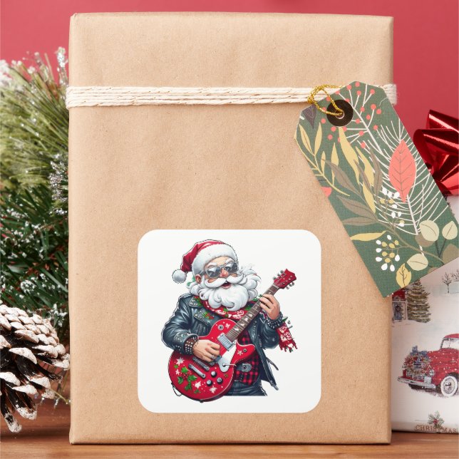 Cool Rocker Santa Playing Red Guitar Quadratischer Aufkleber (Feiertag)